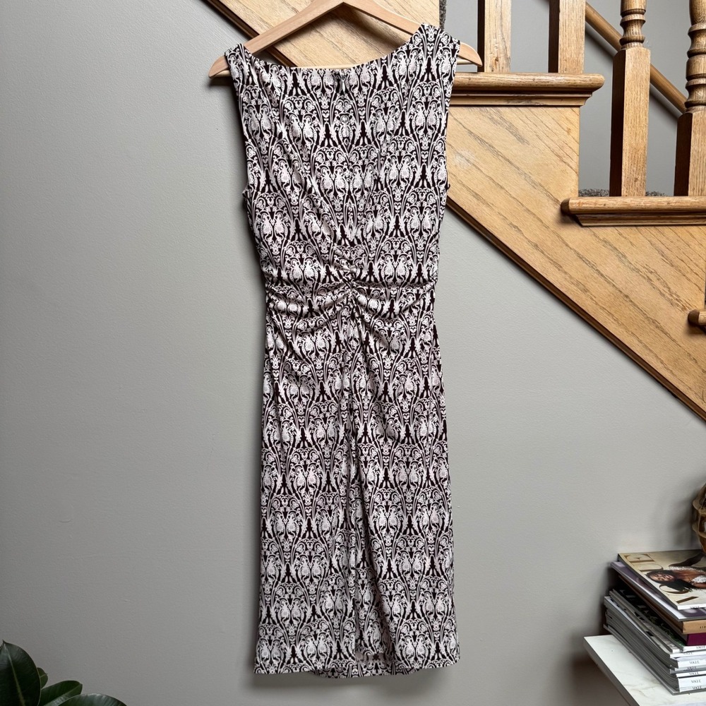 VTG Adrianna Papell Womens Burgundy White Damask Ruched Sheath Dress 10 Chic